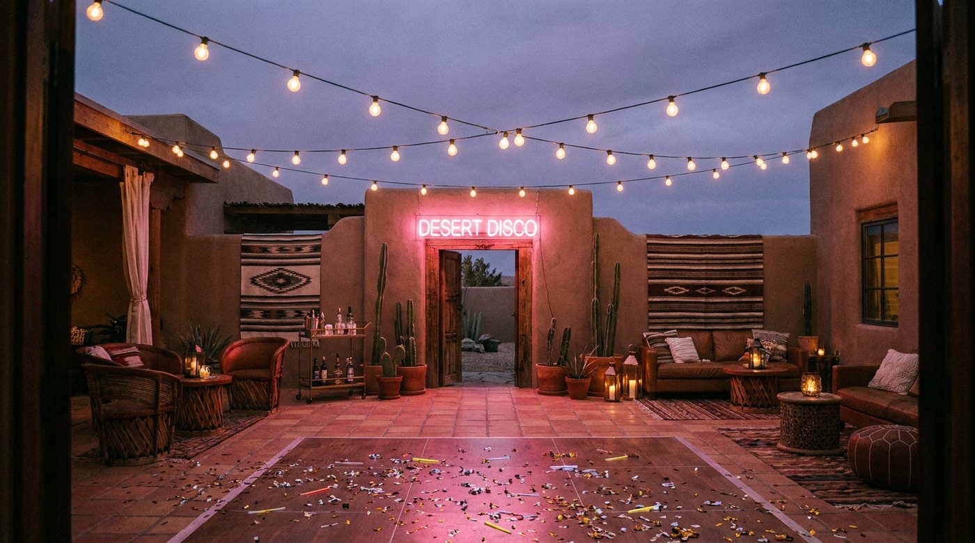 The Never Sober HQ courtyard after dark