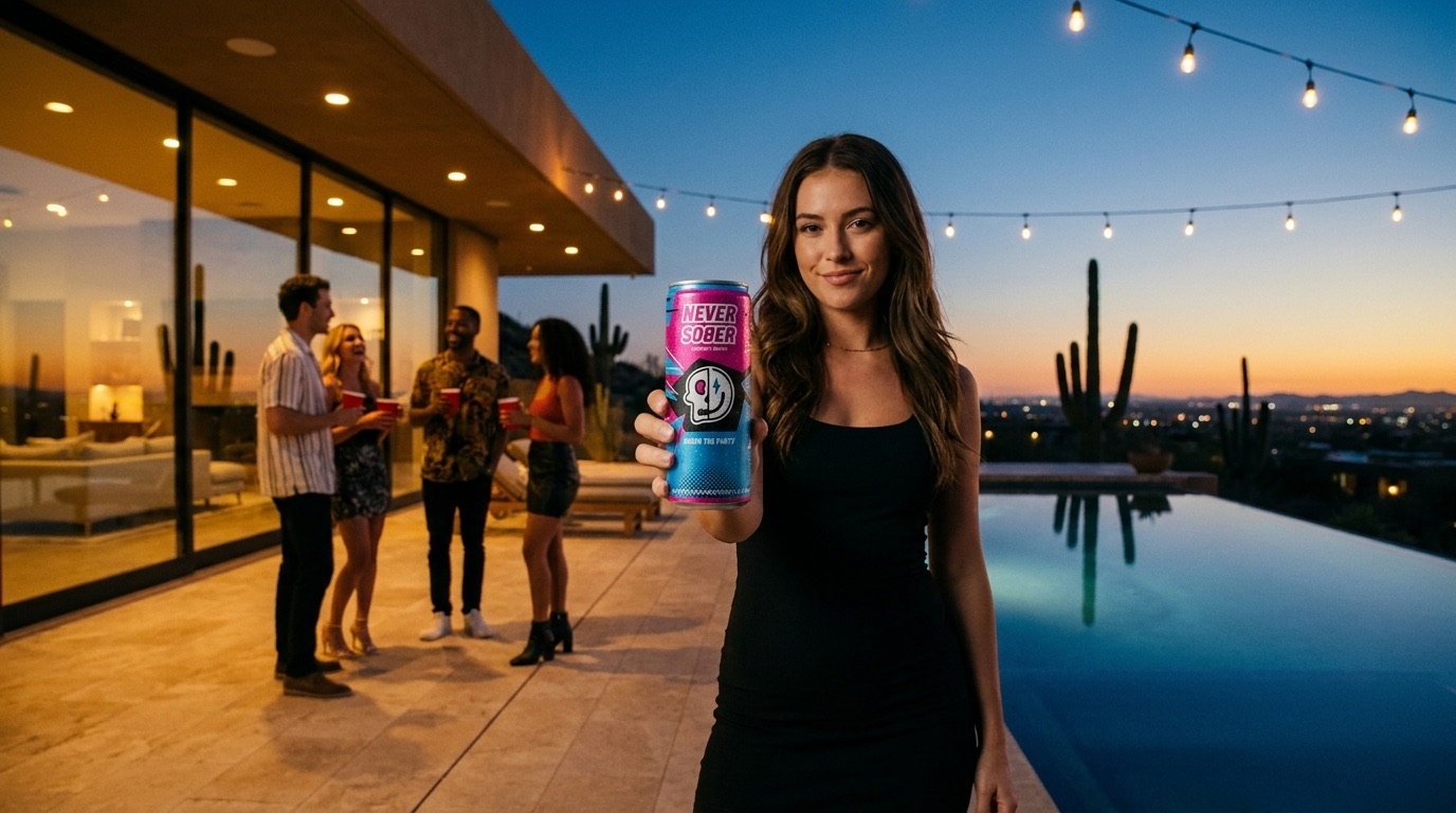 A woman holding a Never Sober can at a desert house party at dusk