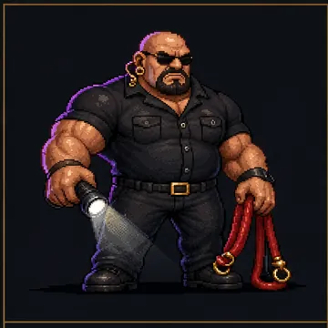 Pixel-art Head Bouncer boss — bald, sunglasses, velvet rope in hand