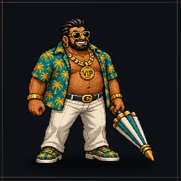 Pixel-art Cabana King boss — a heavyset bouncer-king in a palm-print shirt, mirrored shades and a gold VIP medallion, swinging a closed cabana umbrella
