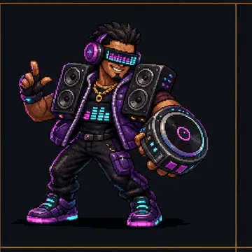 Pixel-art Resident DJ boss — LED visor, headphones, CDJ deck in hand