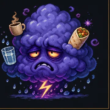 Pixel-art The Hangover boss — a miserable purple storm cloud orbited by coffee, a burrito and water