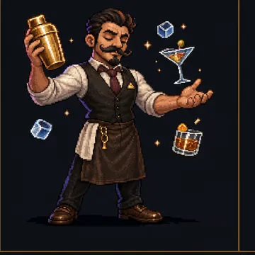 Pixel-art Master Mixologist boss — waistcoat, waxed moustache, gold shaker held high