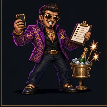 Pixel-art Club Promoter boss — leopard blazer, gold chains, clipboard guest list