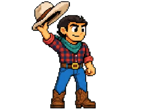 Pixel-art Cowboy tipping his hat — plaid shirt, teal bandana, boots