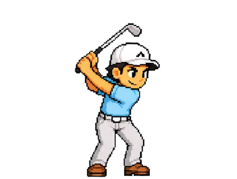 Pixel-art Golf Pro mid celebration golf swing — white cap and polo