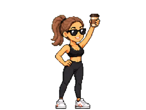 Pixel-art Influencer raising her coffee in a victory toast — sunglasses and ponytail