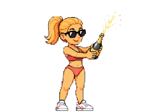 Pixel-art Bottle Girl spraying champagne in victory