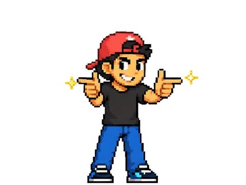 Pixel-art Scottsdale Bro throwing finger guns — red backward snapback, black tee
