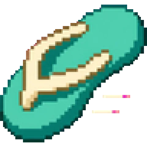 Pixel-art teal flip-flop in flight — the tourist's thrown projectile