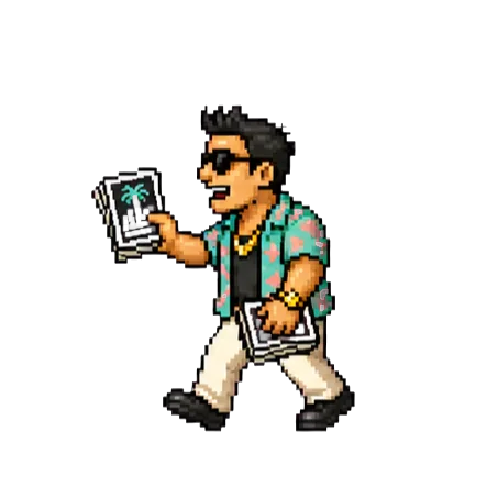 Pixel-art promoter mid-stride — palm-print shirt, gold chain, handing out flyers