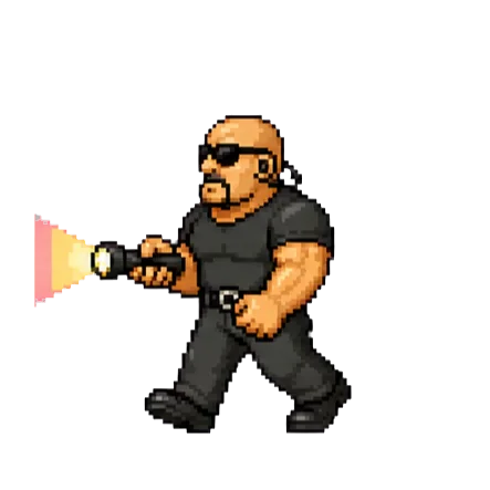 Pixel-art security guard mid-stride — bald, sunglasses, sweeping a lit flashlight