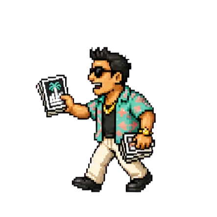 Pixel-art tourist — teal palm-print shirt, waving vacation photos around