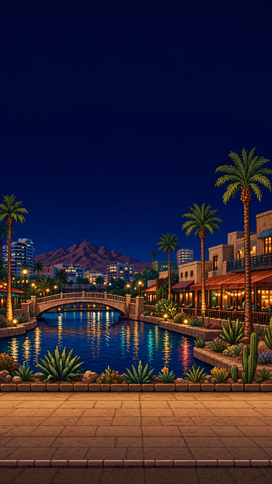 16-bit pixel art of the Scottsdale Waterfront at night — stone bridge over the canal, neon reflections, palms and mountains