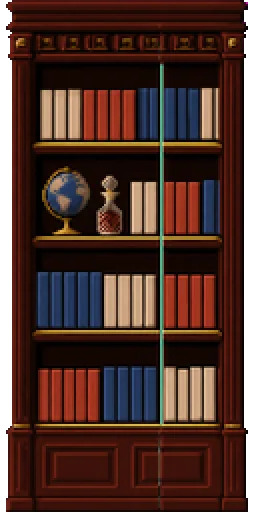 Pixel-art speakeasy bookcase — the hidden door