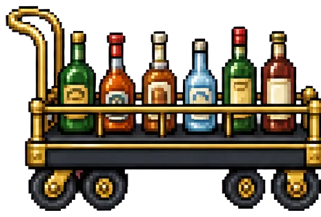 Pixel-art brass bottle-service cart loaded with liquor bottles
