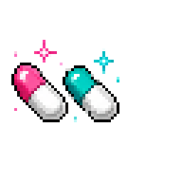 Pixel-art pink and teal capsules