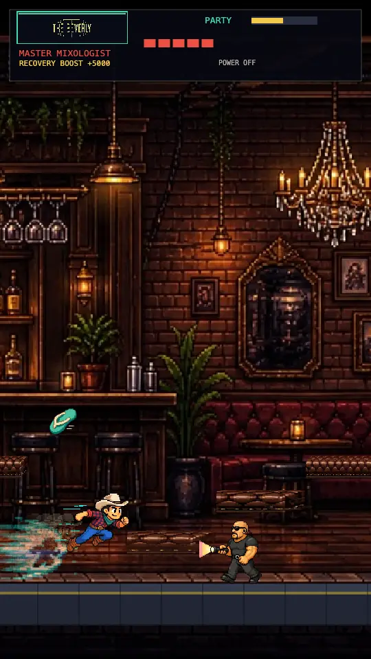 Gameplay frame in The Beverly — the Cowboy mid air-dash with the cyan air-burst trailing behind him, closing on a security guard under the speakeasy chandeliers