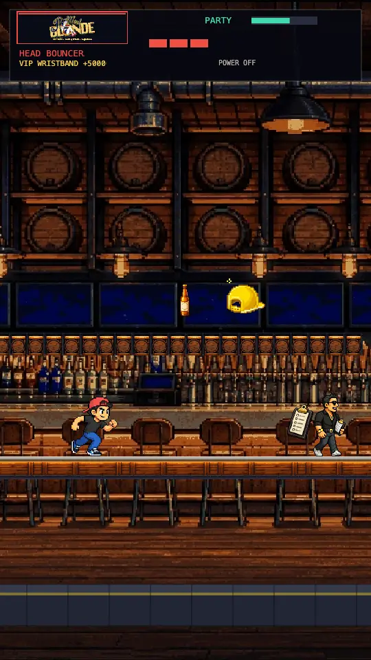 Gameplay frame in Bottled Blonde — Scottsdale Bro sprinting at full speed toward a promoter throwing a flyer, with the Golden Hat and a beer bottle sitting on the bar-top lane above him