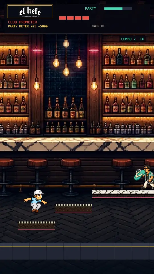 Gameplay frame in El Hefe — the Golf Pro dropping out of a jump onto a tourist, who is already being flung off the screen, with the combo counter reading 2