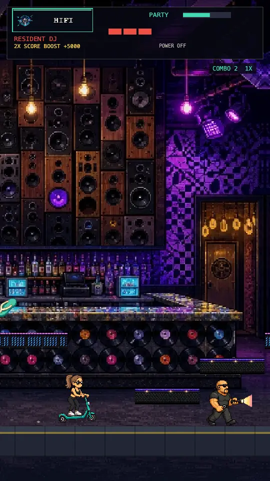 Gameplay frame in HiFi — the Influencer jumping the scooter over the record wall while a security guard sweeps a flashlight ahead and a thrown flip-flop crosses the top of the screen