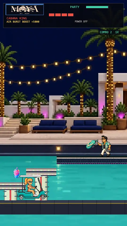 Gameplay frame in Maya — Bottle Girl driving the golf cart along the pool edge with a frozen slushie ahead of her and a promoter working the deck above