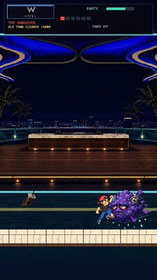 Gameplay frame on the W Rooftop — Scottsdale Bro leaping into The Hangover, the final boss, on the last stretch of the infinity-pool deck