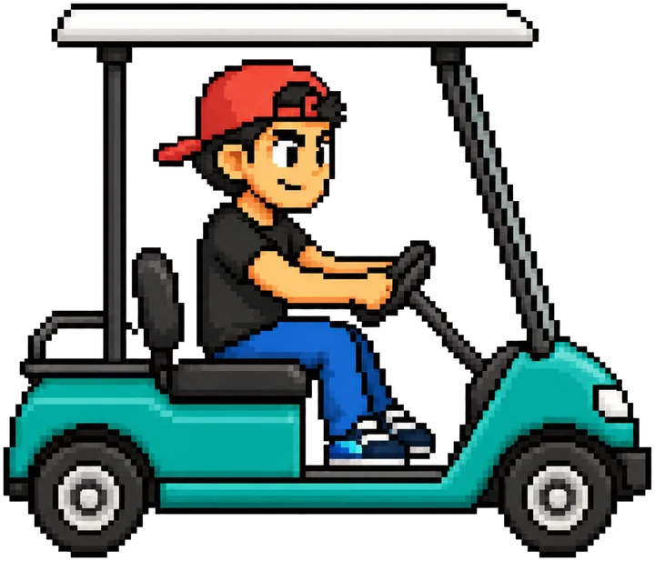Pixel-art Scottsdale Bro driving a mint golf cart
