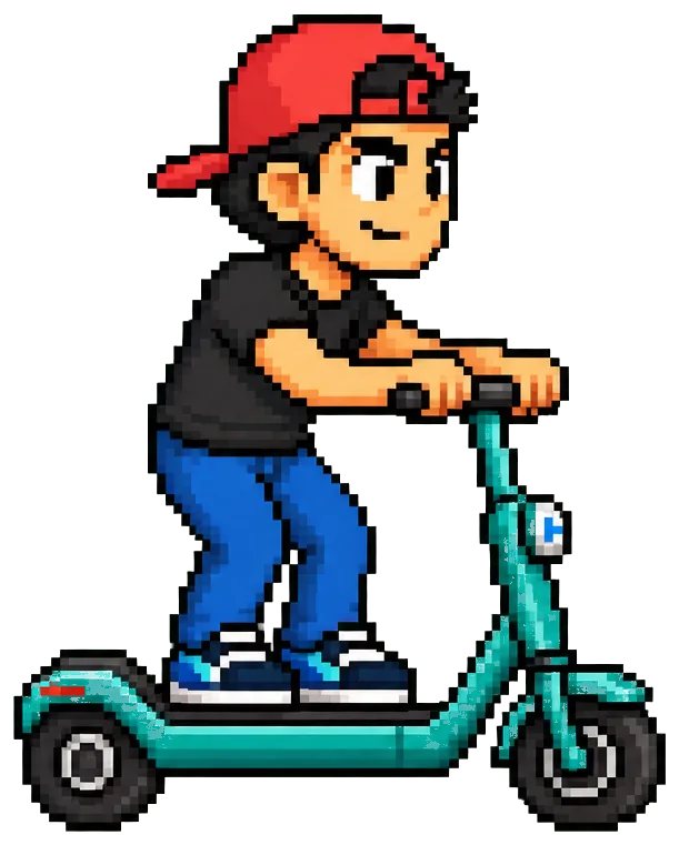 Pixel-art Scottsdale Bro riding a mint e-scooter