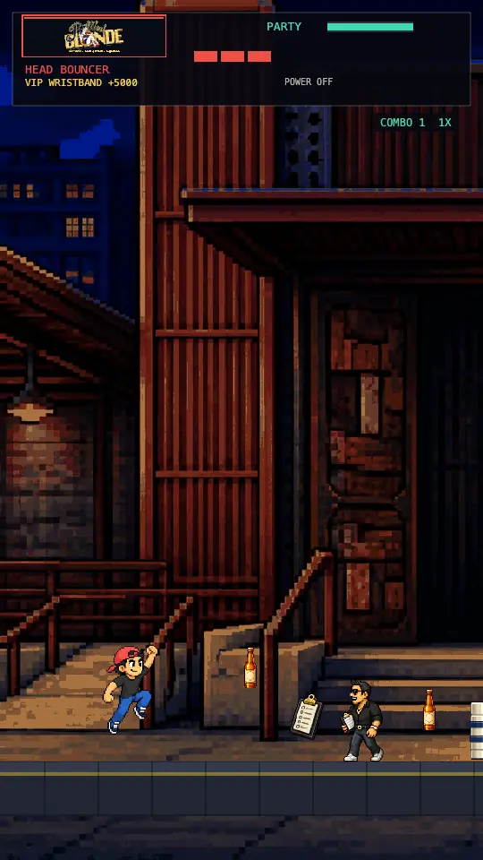 Gameplay frame — Scottsdale Bro leaping off Bottled Blonde's entrance steps at the start of level one, a promoter already throwing a flyer at him