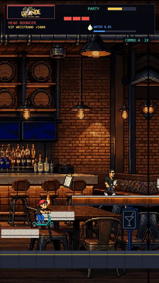 Gameplay frame — Scottsdale Bro riding the scooter along Bottled Blonde's bar top past the checkpoint, combo at 4 and a Water shield counting down in the HUD