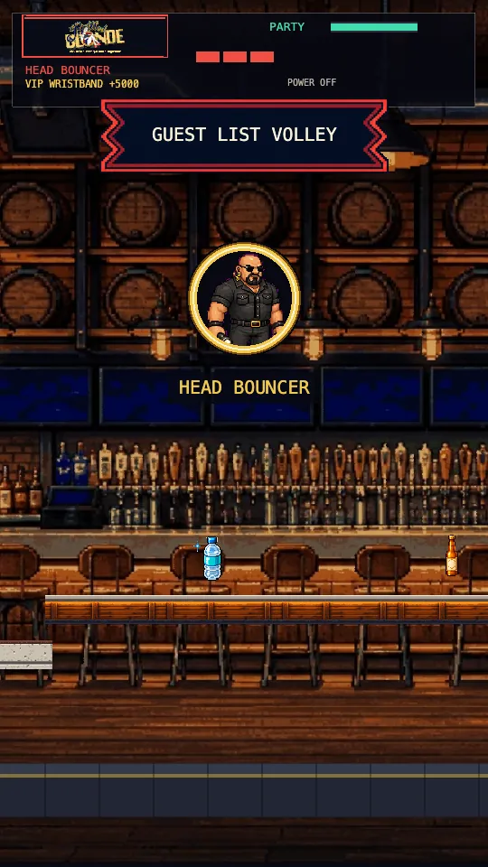 Gameplay frame — the Bottled Blonde boss arena, a gold medallion of the Head Bouncer and the attack banner GUEST LIST VOLLEY