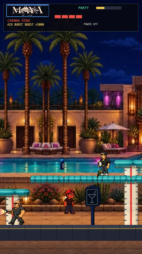 Real gameplay frame at Maya — the runner on the street lane, a promoter working the float deck above him and security sweeping a flashlight along the pool edge