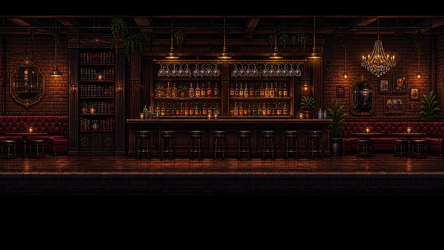 Pixel-art The Beverly speakeasy — floor-to-ceiling bookshelves, brass pendants, leather banquette