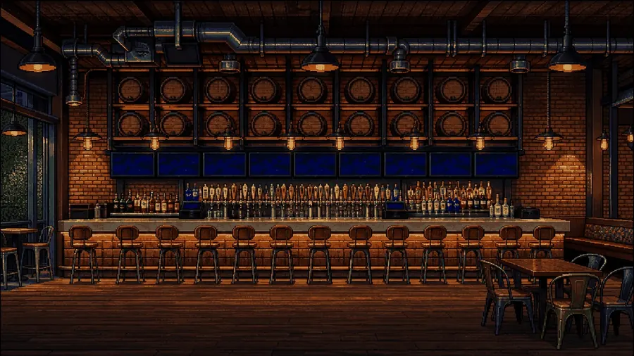Pixel-art Bottled Blonde interior — oak barrels, caged pendant lamps, long wooden bar