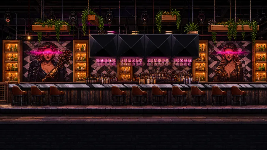 Pixel-art El Hefe interior — backlit tequila cabinets, diamond tile, pink neon