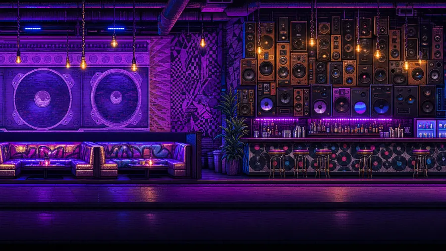 Pixel-art HiFi club interior — giant subwoofers on a purple brick wall, neon banquettes