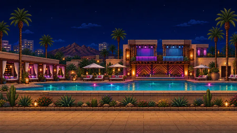 Pixel-art Maya pool club at night — palms, cabanas and a turquoise pool edge