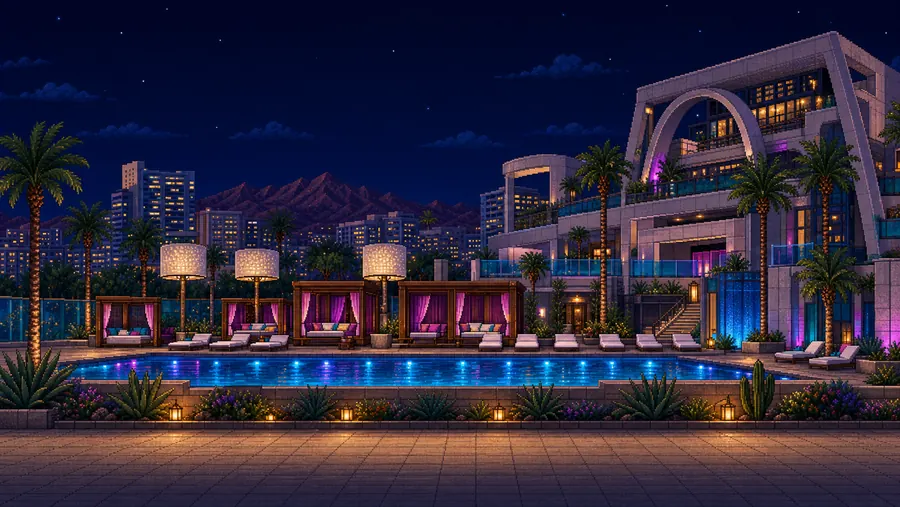 Pixel-art W Scottsdale rooftop at sunset — string lights, lounges and a glowing infinity pool