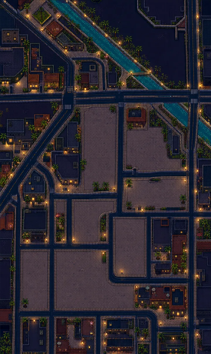 Pixel-art top-down night map of Old Town Scottsdale — the canal, palm-lined streets and lit venue storefronts