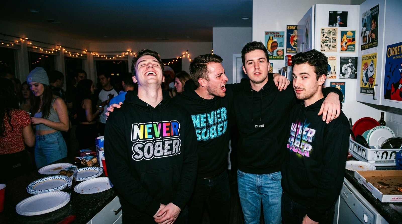 Four friends at a house party, each wearing one of the four new Never Sober hoodies