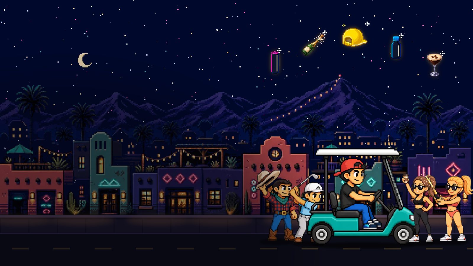 Pixel-art key art for Old Town Friday Night: five players and a golf cart on the Old Town strip at night, drinks and a golden hat floating overhead