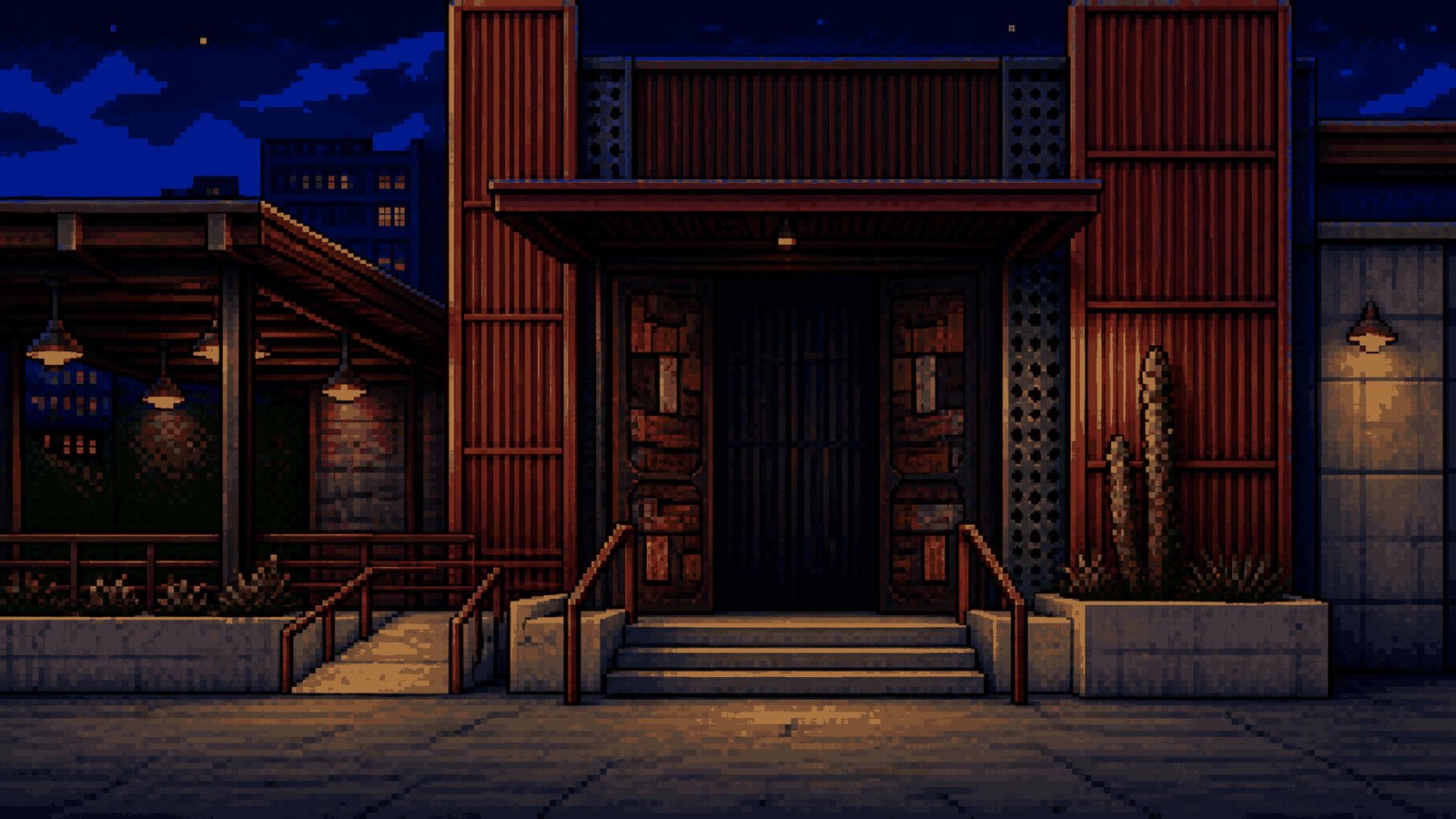 Pixel-art Old Town Scottsdale at night from Never Sober: Old Town Friday Night