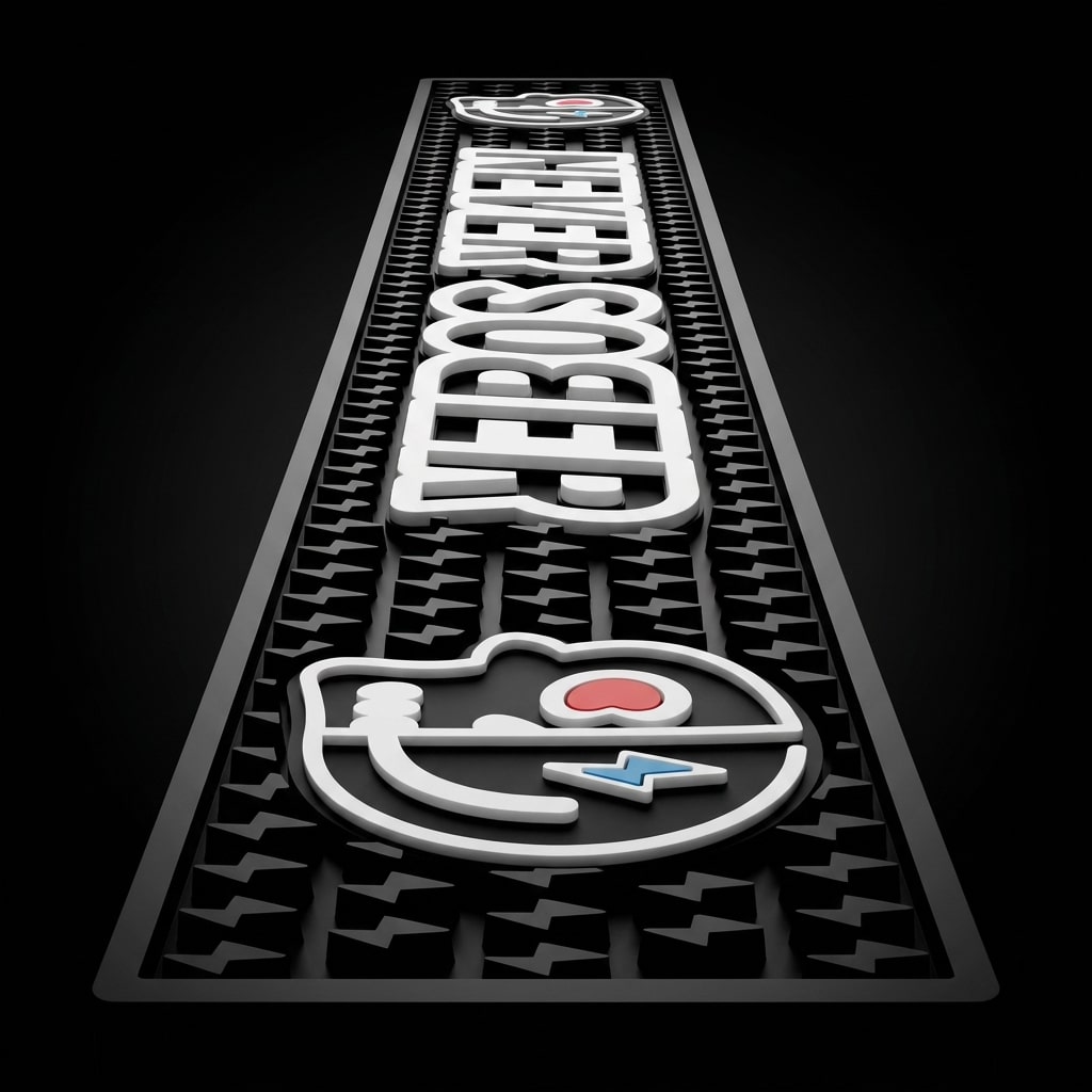 Never Sober bar mat — angled perspective view showing full length with raised NEVER SOBER lettering down the center and skull-smiley logos top and bottom