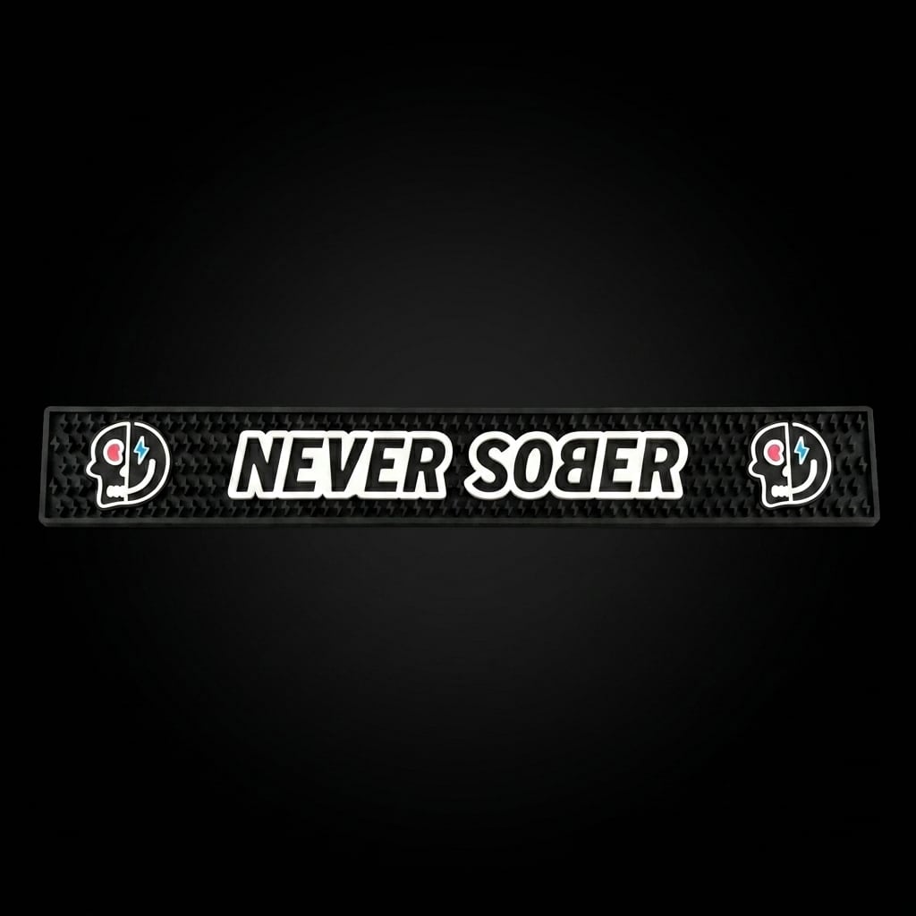 Never Sober bar mat — horizontal silicone bar mat with raised NEVER SOBER lettering and skull-smiley logos on each end, on black background