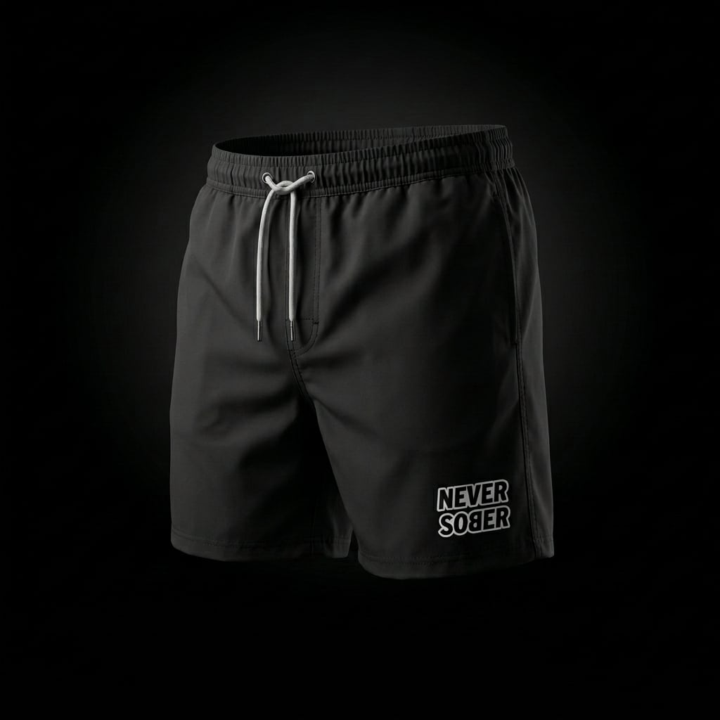 Never Sober The Deep End mens black swim shorts on black background